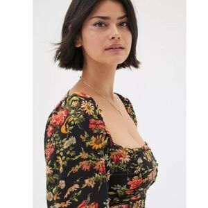 Urban Outfitters Black Floral Crop Top Small Smocked Stretch Elastic